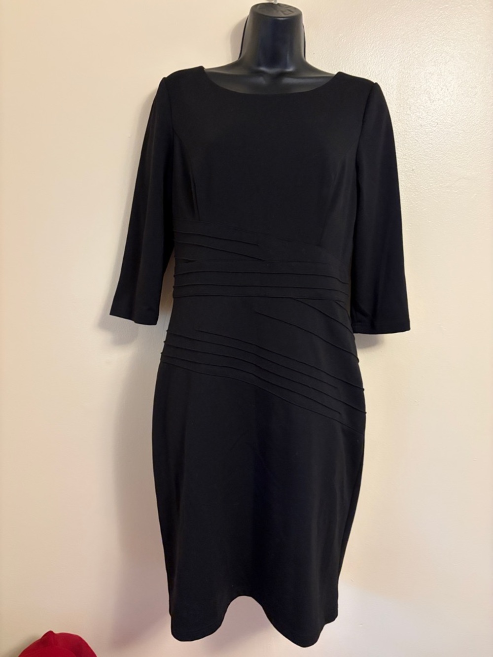Ellen Tracy Black Long Sleeve Pleated Waist Sheath Dress